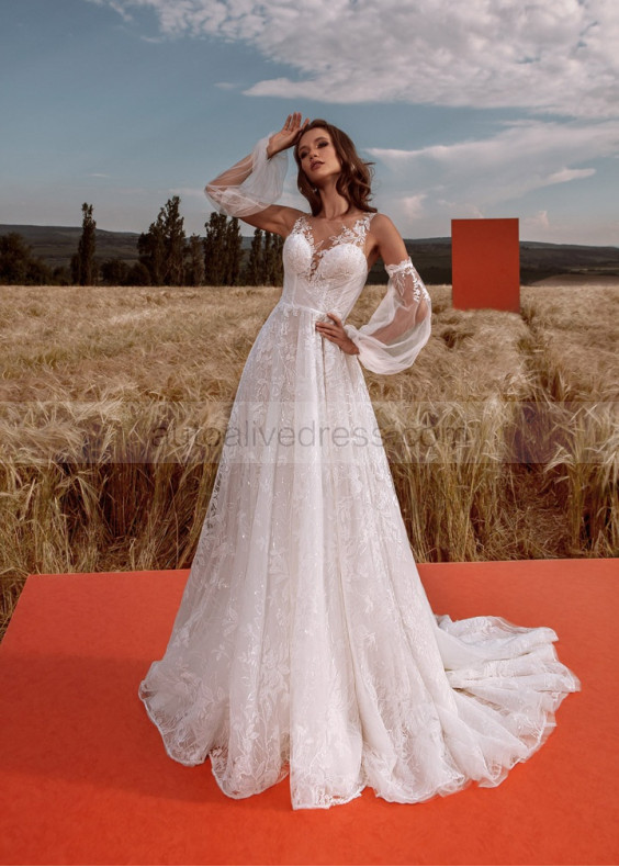 White Lace Tulle Glitter Wedding Dress With Removable Sleeves